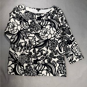 Talbots Black and White Floral 3/4 Sleeve Top